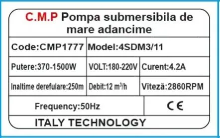 POMPA SUBMERSIBILA MULTIETAJATA APA CURATA, 4SDM3/11, 1500W, 11 TURBINE, CABLU 30M, INALTIME REFULARE 108M, DEBIT 3000 L/H, CMP1777