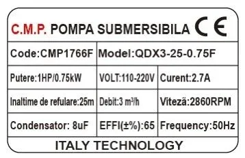 Pompa submersibila apa murdara cu plutitor, 750w, 1hp, 3mc/h, 25m inaltime, 2860rpm, Campion PROFESSIONAL CMP1766F
