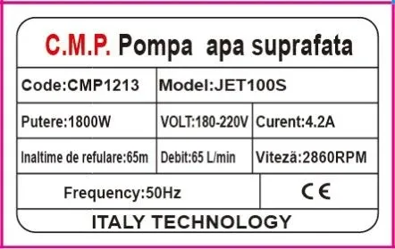 Pompa apa de suprafata 1800w JET, bobinaj cupru, 60m inaltime, 12m aspiratie, CAMPION PROFESSIONAL CMP1213