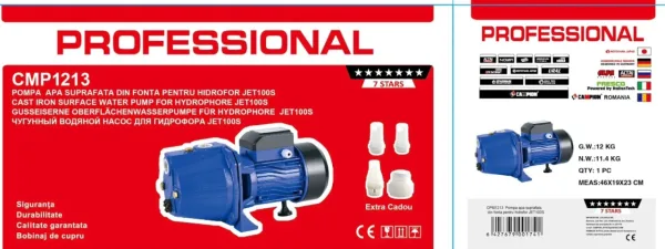 Pompa apa de suprafata 1800w JET, bobinaj cupru, 60m inaltime, 12m aspiratie, CAMPION PROFESSIONAL CMP1213